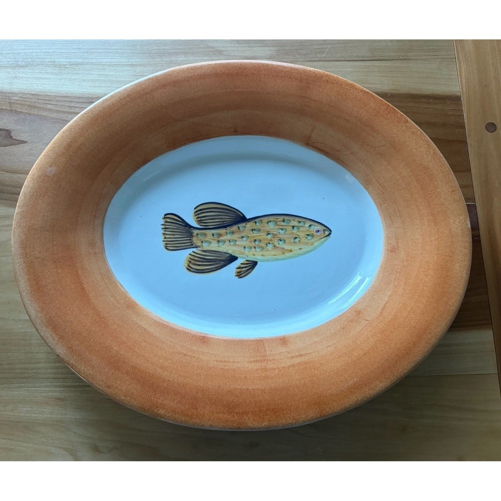 Vintage Williams Sonoma Portugal Painted Orange Fish Trout Serving Platter 18"